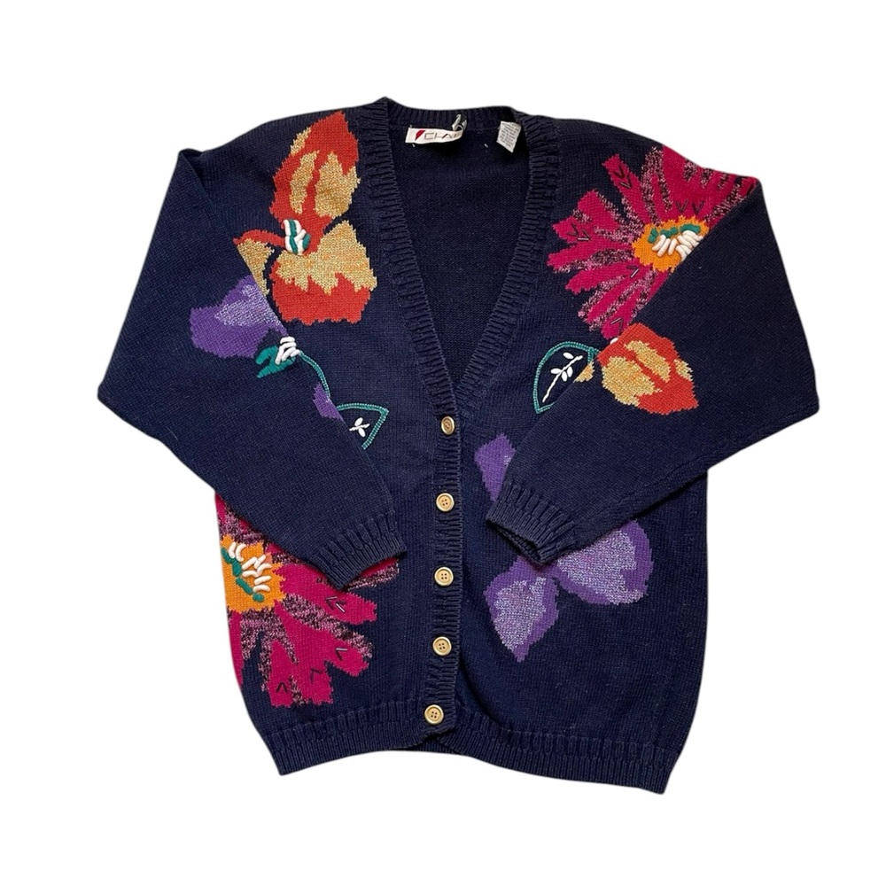 Vintage cottagecore Chaus Navy embroidered Floral print Cardigan Sweater